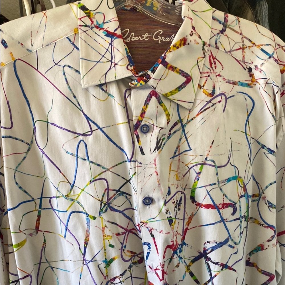 Robert Graham Men's White Shirt with Colorful Abstract Design - Picture 1 of 3